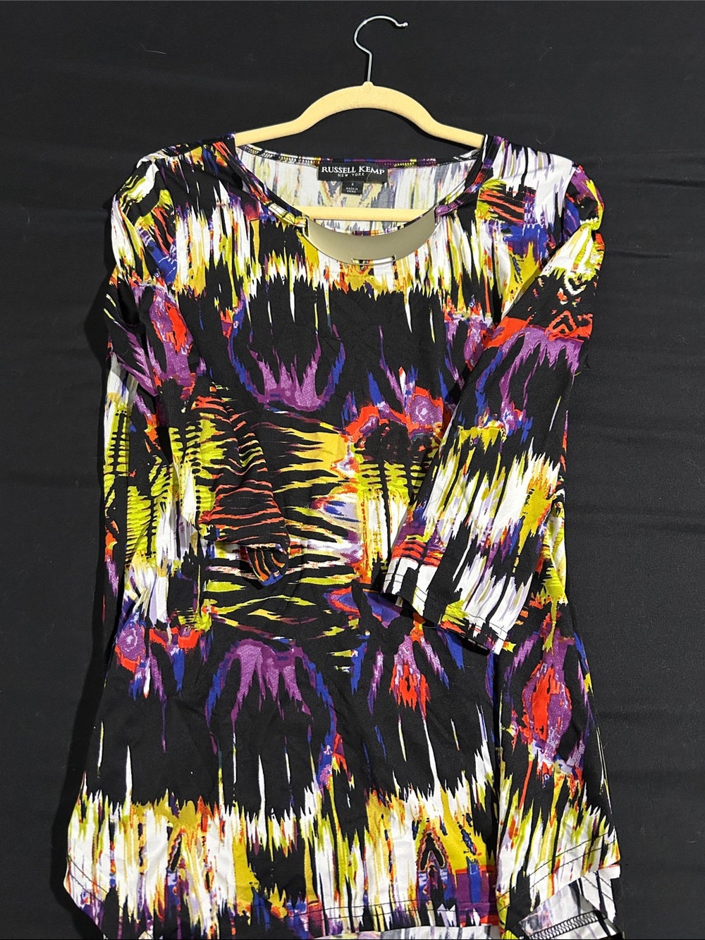 Russell Kemp Black Long Sleeve Top with Yellow, Purple & Red Abstract Print